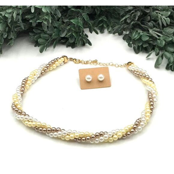 Vintage Avon Twisted Multi-Tone Pearl Necklace & Earrings Set - Picture 1 of 6
